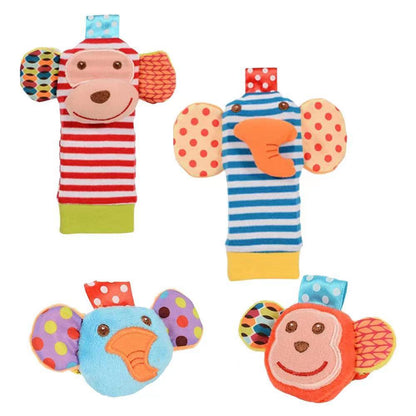 Soft Sensory Baby Wrist Rattles & Foot Finder Socks Set – Cartoon Animal Designs