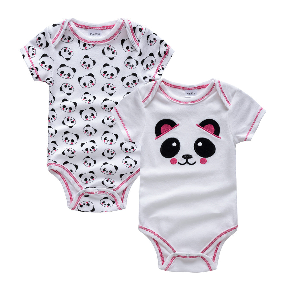 Two baby bodysuits with panda designs on a white background