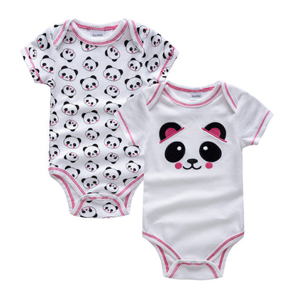 Two baby bodysuits with panda designs on a white background