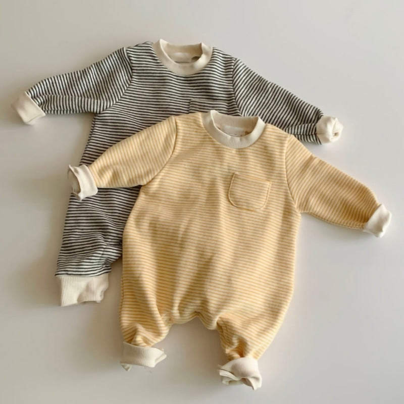 Brushed Cotton Baby Romper – Striped Long Sleeve with Hidden Snap Closure