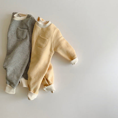 Brushed Cotton Baby Romper – Striped Long Sleeve with Hidden Snap Closure