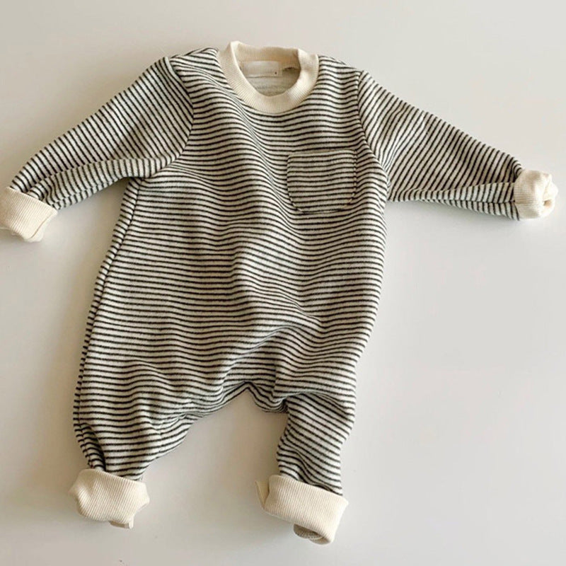 Brushed Cotton Baby Romper – Striped Long Sleeve with Hidden Snap Closure