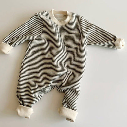 Brushed Cotton Baby Romper – Striped Long Sleeve with Hidden Snap Closure