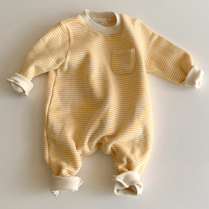 Brushed Cotton Baby Romper – Striped Long Sleeve with Hidden Snap Closure
