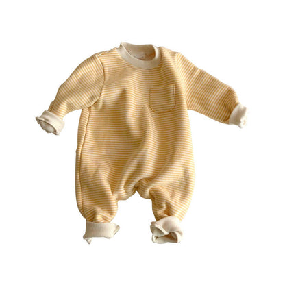 Brushed Cotton Baby Romper – Striped Long Sleeve with Hidden Snap Closure