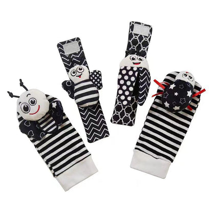 Soft Sensory Baby Wrist Rattles & Foot Finder Socks Set – Cartoon Animal Designs