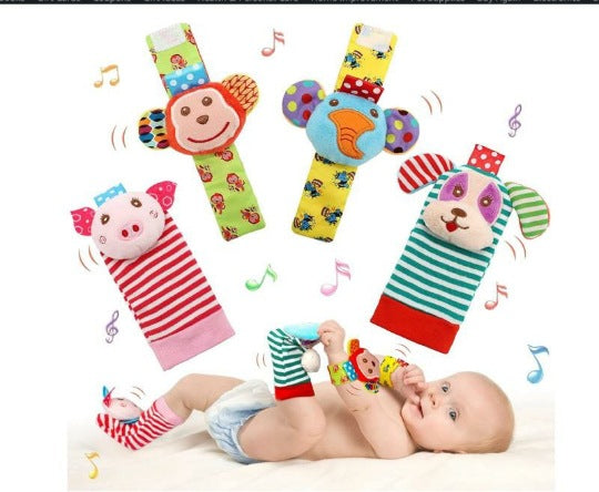 Soft Sensory Baby Wrist Rattles & Foot Finder Socks Set – Cartoon Animal Designs