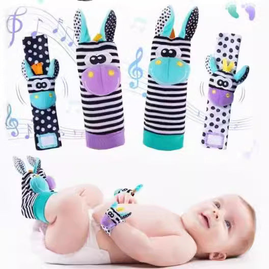 Soft Sensory Baby Wrist Rattles & Foot Finder Socks Set – Cartoon Animal Designs