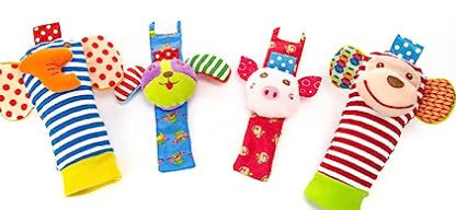Soft Sensory Baby Wrist Rattles & Foot Finder Socks Set – Cartoon Animal Designs