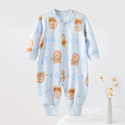 Soft Cotton Baby Romper with Lion Detail – Long Sleeve Snap Front