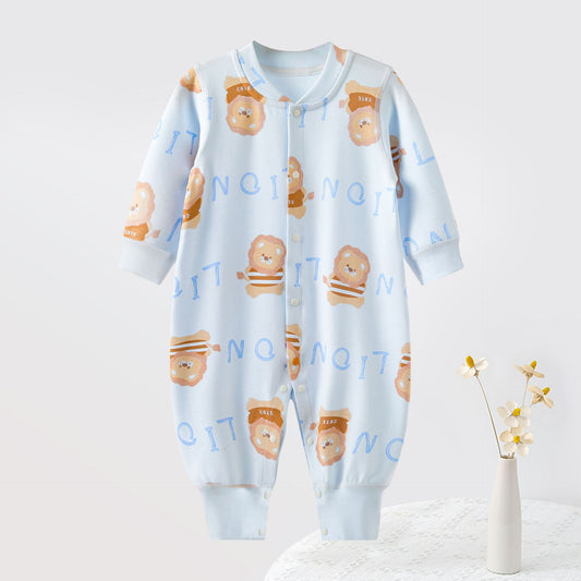 Soft Cotton Baby Romper with Lion Detail – Long Sleeve Snap Front