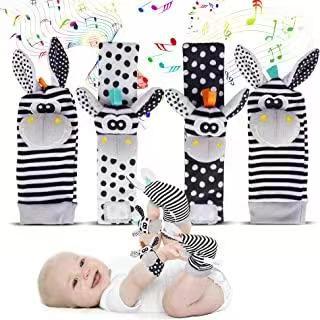 Soft Sensory Baby Wrist Rattles & Foot Finder Socks Set – Cartoon Animal Designs