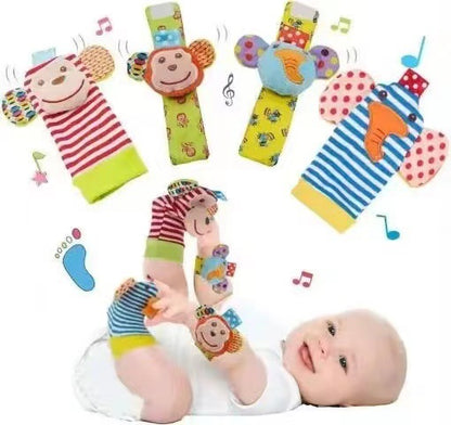 Soft Sensory Baby Wrist Rattles & Foot Finder Socks Set – Cartoon Animal Designs