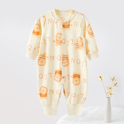 Soft Cotton Baby Romper with Lion Detail – Long Sleeve Snap Front