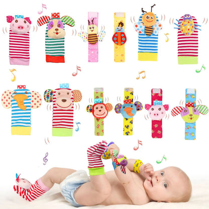Soft Sensory Baby Wrist Rattles & Foot Finder Socks Set – Cartoon Animal Designs