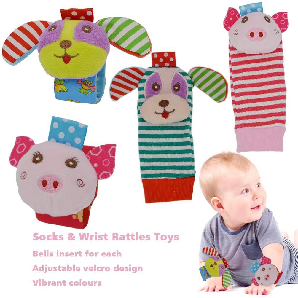 Soft Sensory Baby Wrist Rattles & Foot Finder Socks Set – Cartoon Animal Designs