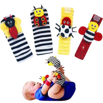 Soft Sensory Baby Wrist Rattles & Foot Finder Socks Set – Cartoon Animal Designs