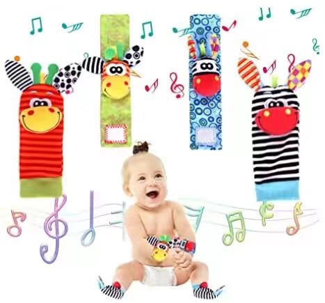 Soft Sensory Baby Wrist Rattles & Foot Finder Socks Set – Cartoon Animal Designs