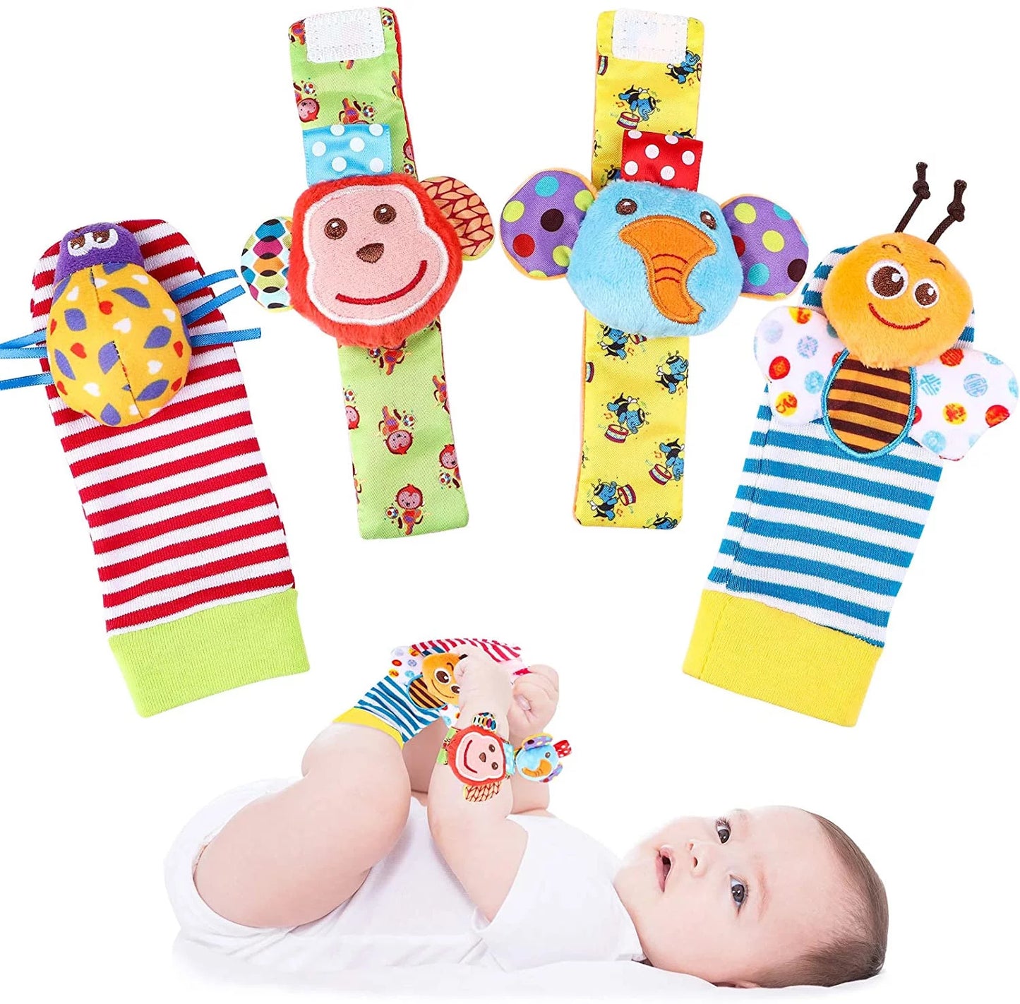 Soft Sensory Baby Wrist Rattles & Foot Finder Socks Set – Cartoon Animal Designs