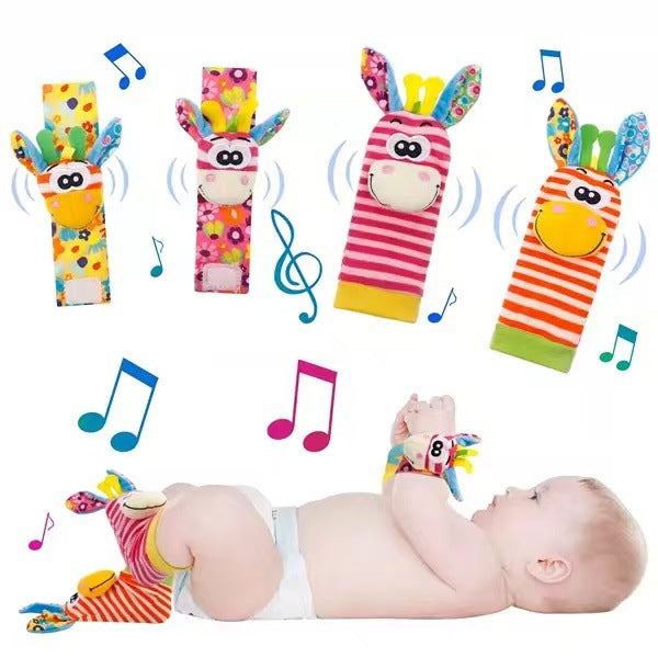Soft Sensory Baby Wrist Rattles & Foot Finder Socks Set – Cartoon Animal Designs