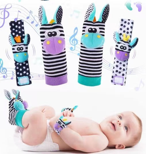 Soft Sensory Baby Wrist Rattles & Foot Finder Socks Set – Cartoon Animal Designs
