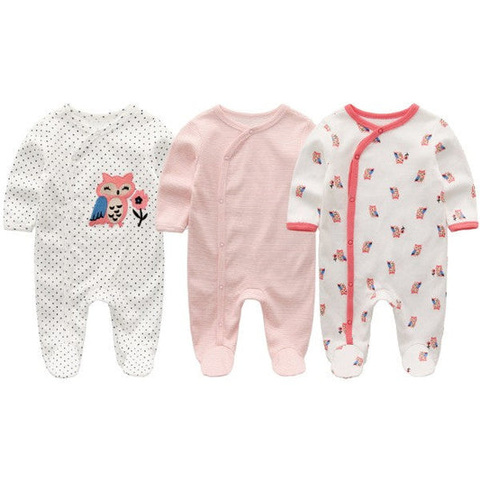 Soft Cotton Newborn Baby Bodysuit 3-Pack – Long Sleeve Owl Print Set