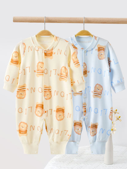 Soft Cotton Baby Romper with Lion Detail – Long Sleeve Snap Front