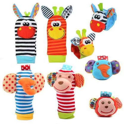 Soft Sensory Baby Wrist Rattles & Foot Finder Socks Set – Cartoon Animal Designs