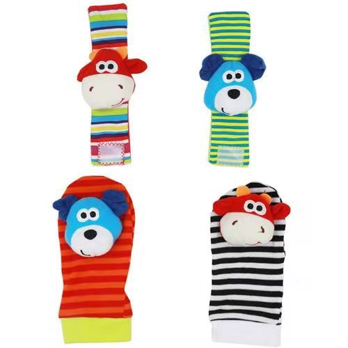 Soft Sensory Baby Wrist Rattles & Foot Finder Socks Set – Cartoon Animal Designs